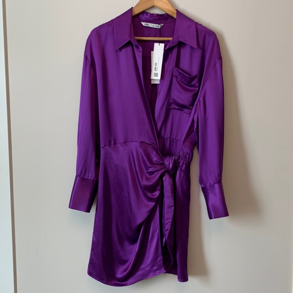 SOLD || Zara Purple Satin Effect Wrap Dress- Size L - Picture 2 of 13